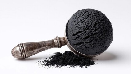 Rusty metal scoop filled with black powder, with a small pile spilled on a white surface. Concept Rusty metal scoop with black powder, Black powder spilled on a white surface