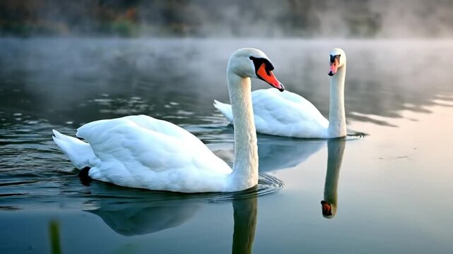 Graceful white swans peacefully swimming on a tranquil lake with reflections and serene water vapor.