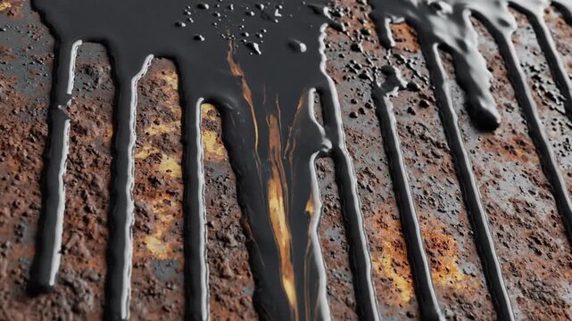 Viscous Black Liquid Drips Onto Rusty Textured Surface