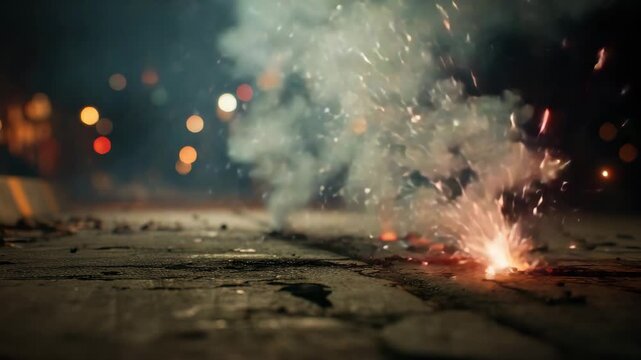 Fireworks exploding on street at night celebrating holiday