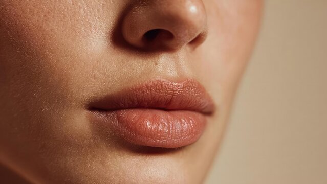 close-up of lips with pink-nude lipstick. Concept Close-up Lips, Pink-Nude Lipstick, Beauty Detail, Glossy Finish, Soft Lighting