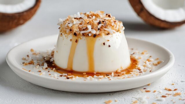 Creamy panna cotta topped with toasted coconut and a caramel drizzle, served on a white plate. Concept Panna cotta dessert, Toasted coconut topping, Caramel drizzle, White plate presentation