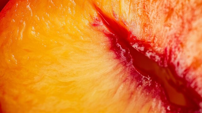 Macro view of peach slice showing juicy texture for background use in design projects or food related content
