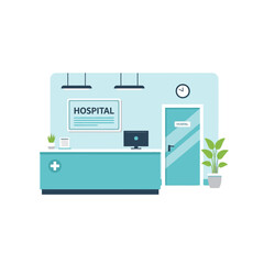 Hospital Reception Desk with Computer and Potted Plant.