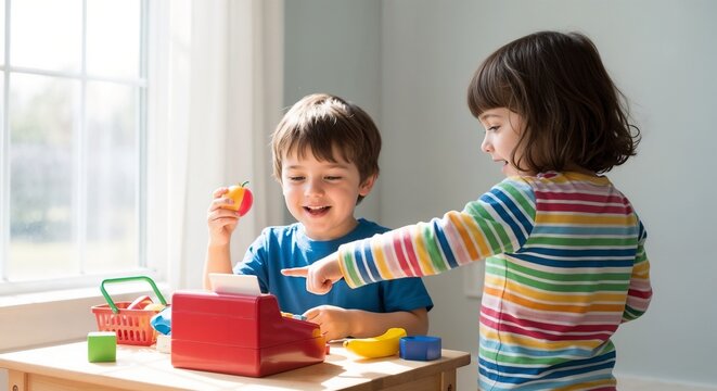 Kids playing shop with toy register, showcasing joy and creativity in a bright room