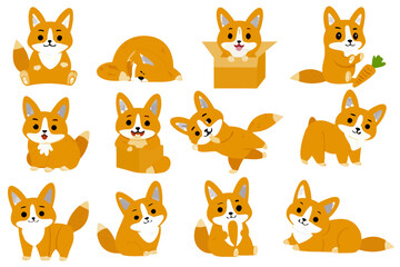 Fototapeta premium Collection of charming cartoon corgi dogs in various playful poses