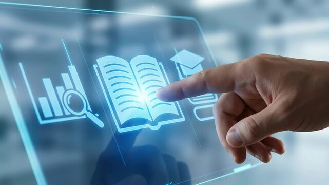 Online learning personal education webinar development skill e-learning business digital concept hand pointing digital book icon knowledge training growth platforms supporting advancement