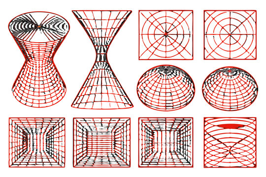 Geometric shapes and patterns in red lines on a black background