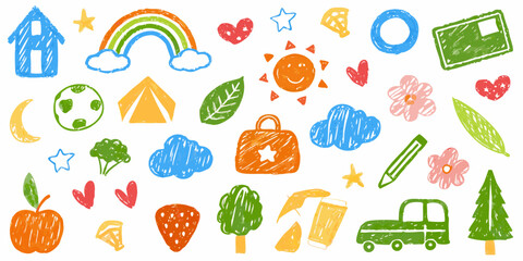 Colorful childlike drawings of various objects and symbols on a white background © Mityunjoy