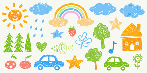Colorful childlike drawing featuring a sun rainbow clouds and various objects