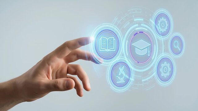 Online learning webinar for personal education skill development and business growth using e-learning platforms with hand interaction digital icons for knowledge training virtual space