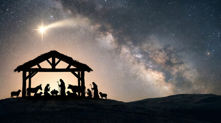 Christmas Nativity silhouette under starry night