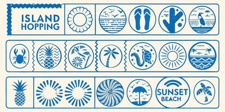Island hopping themed collection of circular blue icons and text