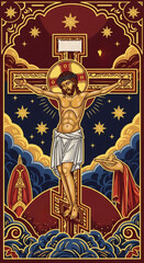 Fototapeta premium Christ on the cross, an illustration depicting crucification of Jesus. Religious iconography for Easter and Good Friday, spiritual concept.