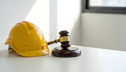 Wooden Judge Gavel with Safety Helmet and High Visibility Jacket on Office Desk Construction Law Concept