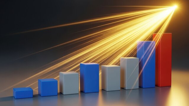 Dynamic glossy ascending 3D bar chart, composed of vibrant metallic blue, grey, and red blocks, demonstrating exponential growth and culminating in a powerful breakthrough with an intense golden light