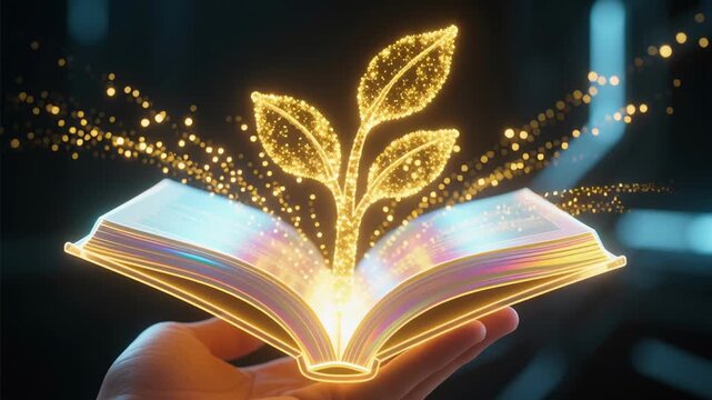 Open book with glowing plant growth, personal education and online learning webinar for skill development business growth and knowledge expansion in e-learning