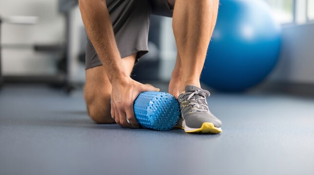 Marathon runner dealing shin splints athletic trainer demonstrating foam rolling technique professional rehab environment