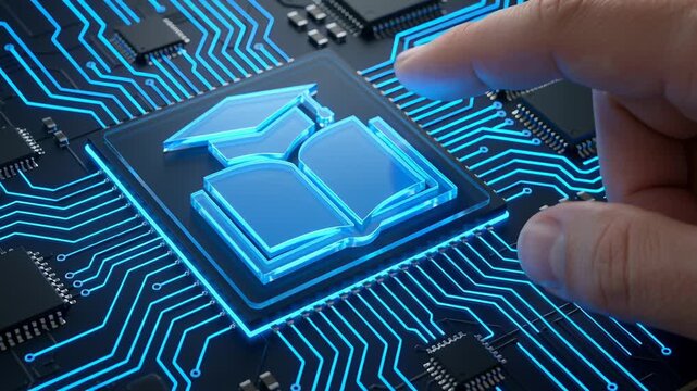 Digital education concept with finger touching glowing book icon on circuit board symbolizing online learning personal development skill education e-learning business webinar digital knowledge growth