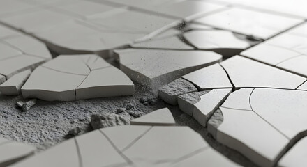 Broken white tiles on cracked ground with dust particles