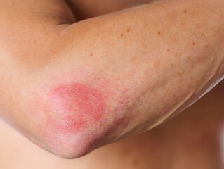 Close-up of Bruised Elbow Joint, Visible Skin Discoloration and Injury