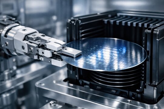 Microelectronics manufacturer automated semiconductor automation concept, robotic end effector handling silicon wafer from FOUP highlighting Industry 4.0 precision cleanroom technology