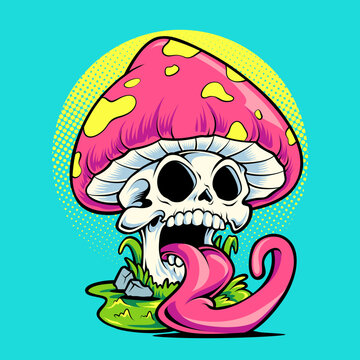 Trippy skull mushroom cartoon