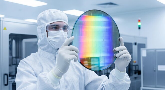 Microelectronics manufacturer semiconductor production, cleanroom engineer holding silicon wafer inside fabrication facility highlighting precision technology innovation and digital economy core