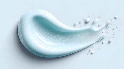 A visually appealing sample of light blue cosmetic gel or serum presented as a smooth glossy swirl with fine shimmering particles and scattered liquid droplets against a subtle pastel backdrop