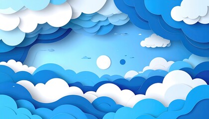 Abstract layered paper cut clouds in a serene blue sky background.