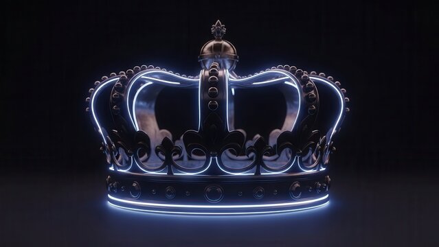 A majestic and modern 3D rendered metallic royal crown, crafted with dark polished surfaces and intricate ornate details, dramatically illuminated by vibrant neon blue light emanating from its