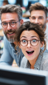 Surprised woman wearing glasses looks at screen while smiling coworkers behind react in modern office environment.
