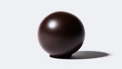 Glossy dark chocolate sphere (truffle) resting on a white surface with a soft shadow. Concept Glossy dark chocolate truffle on a clean white surface, Soft ambient shadow for depth and realism