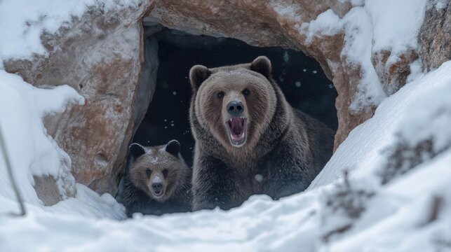Grizzly brown bear roaring and protective cub emerging from snowy cave in winter wilderness