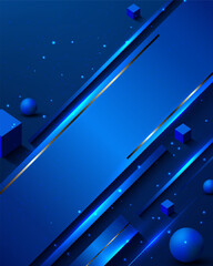 Futuristic 3D blue geometric background featuring glowing neon light effects and sparkling particles for modern science and innovation concepts
