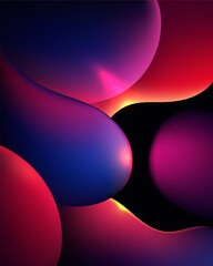 abstract 3d liquid background with vibrant neon pink and blue glowing fluid spheres, dynamic depth and motion on dark backdrop, modern digital design and tech wallpaper