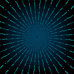 Abstract neon blue sunburst with dashed radial lines on dark background, futuristic technology and digital energy concept