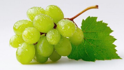 Naklejka premium A cluster of green grapes with dewdrops and a grape leaf. Concept Fresh Produce Photography, Dewy Grapes, Green Grapes, Close-up Fruit, Natural Leaf Textures