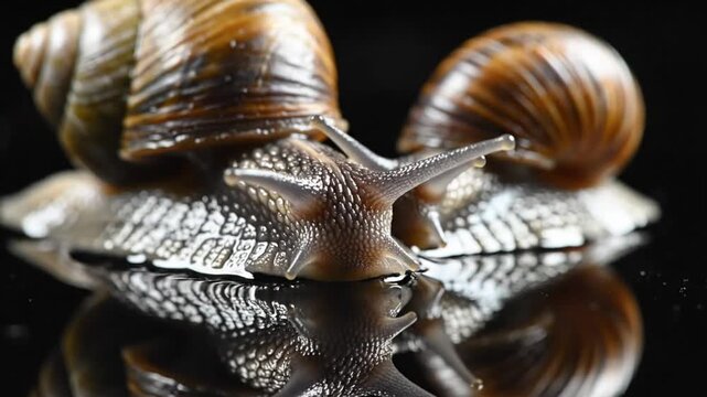 Closeup view of two wet garden snails resting on a reflective black surface with their visible eyes and shells