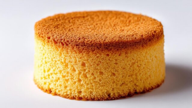 Round yellow sponge cake with a golden-brown top. Concept Classic yellow sponge cake, Golden-brown top crust, Round dessert, Light and airy crumb, Simple homemade treat