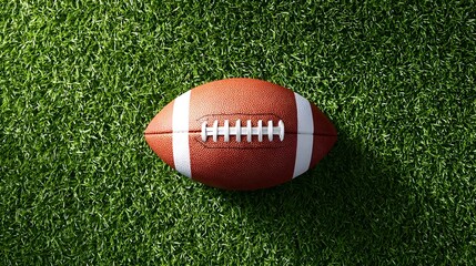 Obraz premium Overhead view of a brown American football with white stripes positioned on a textured green grass field symbolizing sports and competition