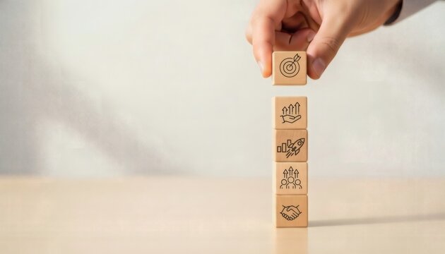 Business Strategy Planning. Hand building vertical tower of wooden blocks with teamwork technology and target icons, symbolizing focused execution organizational strength and sustainable growth.
