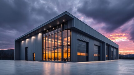 Modern industrial building with large windows and dramatic sunset sky