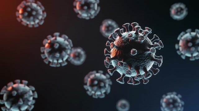 Multiple virus particles floating in a dark environment, 3D rendering of virus-43, microscopic view