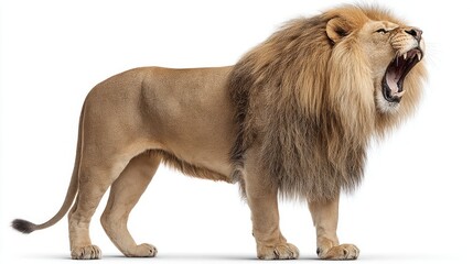 Obraz premium Majestic male lion roaring with mouth wide open, isolated on white background