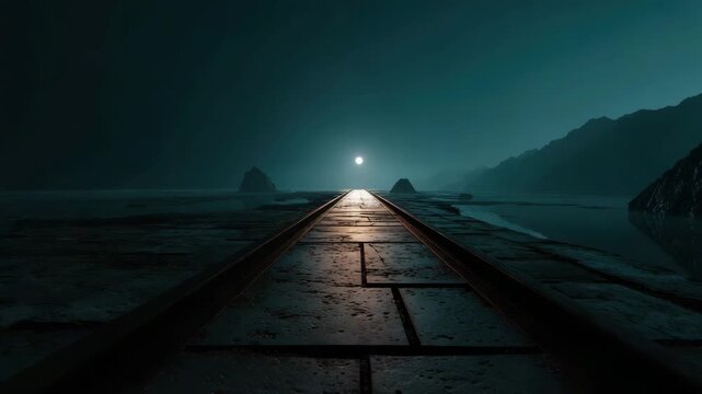 Moonlit railway platform and pier leading across coastal pier and railway track into fog toward distant islands and silhouetted mountains teal night sky with glowing moon, reflective wet stone