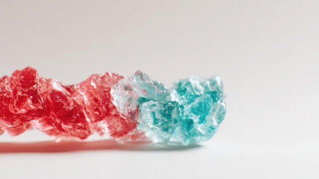 Red and blue rock candy crystals lined up in a row. Concept Candy photography, Red and blue candy, Rock candy crystals, Colorful treats, Row arrangement