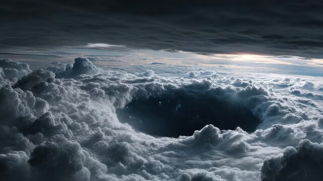 Moody storm cloud vortex above ocean horizon with dramatic dark atmospheric sky, chasm like circular void and moody contrast evoking awe and powerful tension