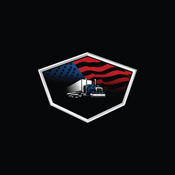Patriotic SemiTruck Illustration with American Flag Backdrop in Shield.