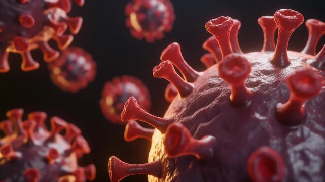 Close-up view of virus particles floating in dark environment, virus-46.mp4 reference